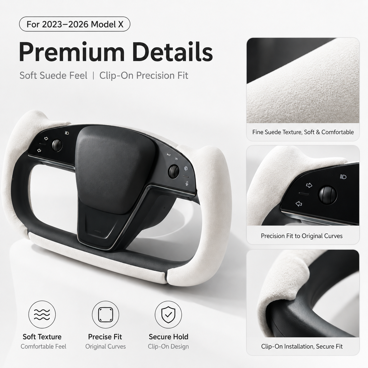 White suede texture and precision-fit details on the Tesla Model X Yoke cover