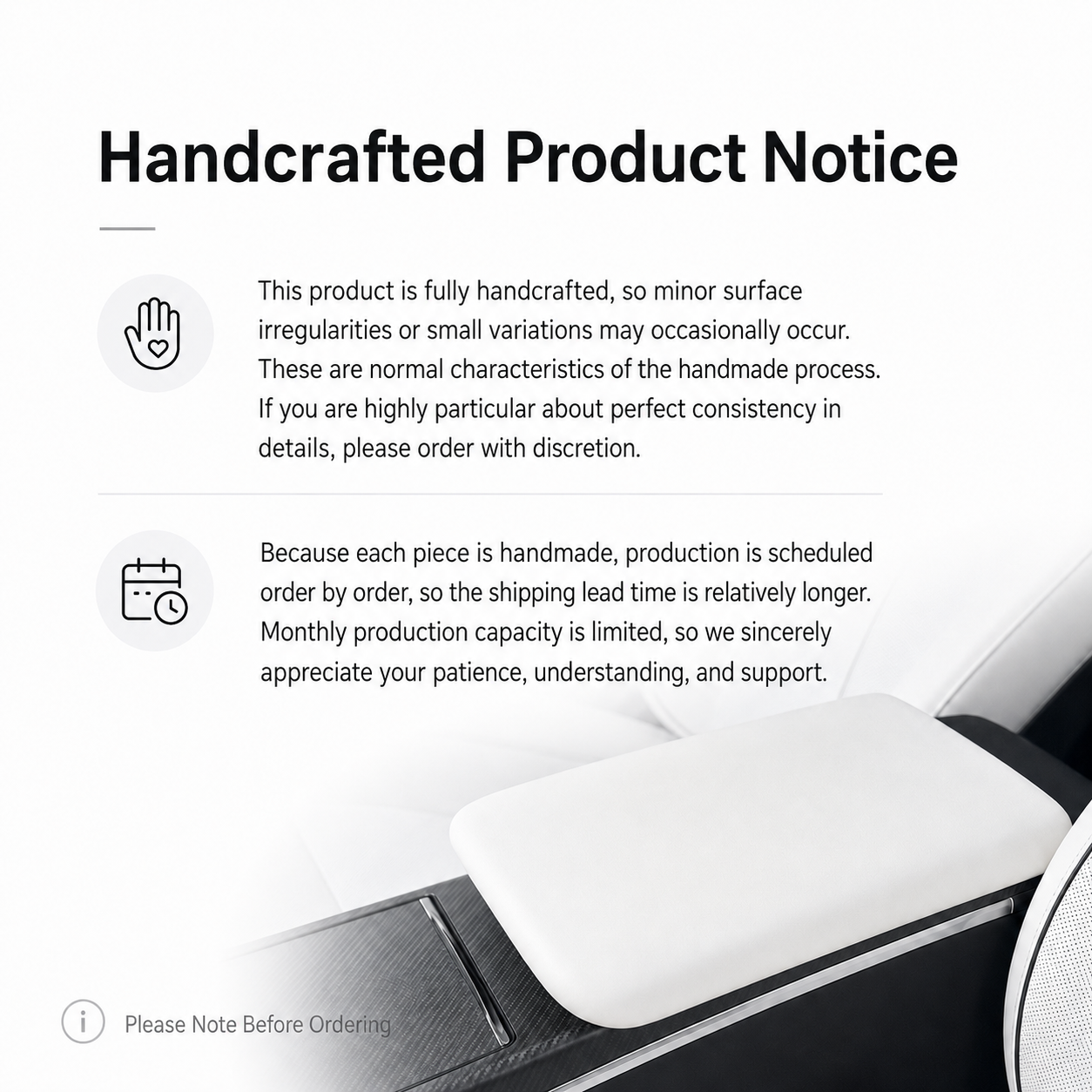 Handcrafted finish and made-to-order notice for the Tesla Model X armrest cover