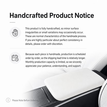 Handcrafted finish and made-to-order notice for the Tesla Model X armrest cover