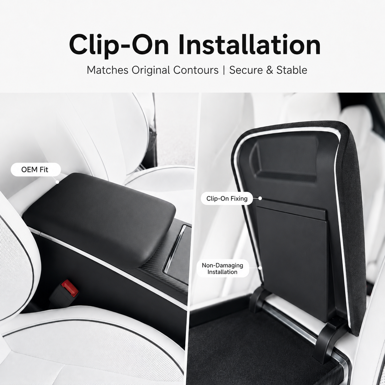 Easy clip-on installation of the center armrest cover in a Tesla Model X