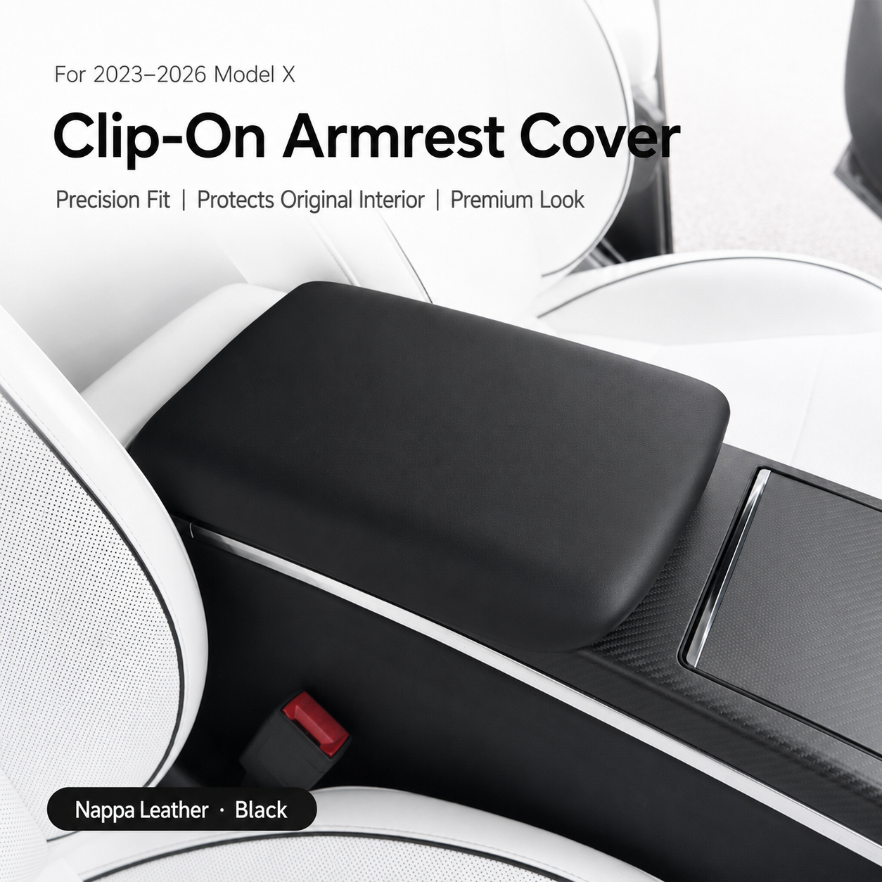 Black Nappa leather clip-on center armrest cover for Tesla Model X