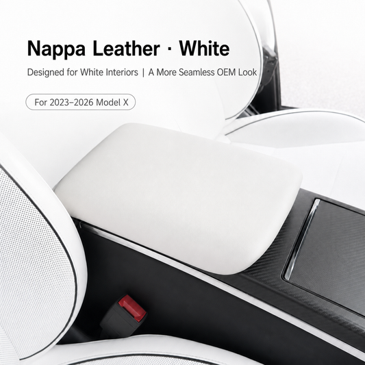 White Nappa leather clip-on center armrest cover for Tesla Model X