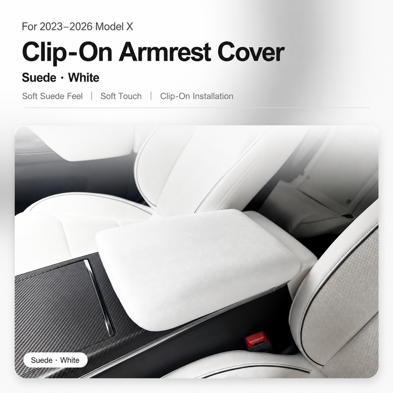 White suede clip-on center armrest cover for Tesla Model X