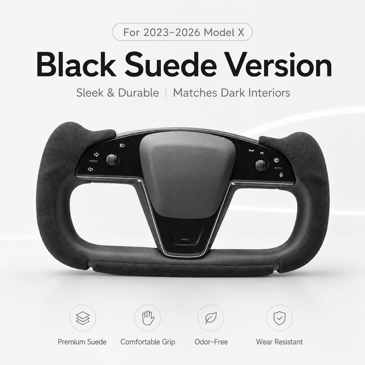 Black suede Tesla Model X Yoke cover front view and material features