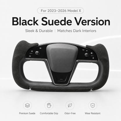 Black suede Tesla Model X Yoke cover front view and material features
