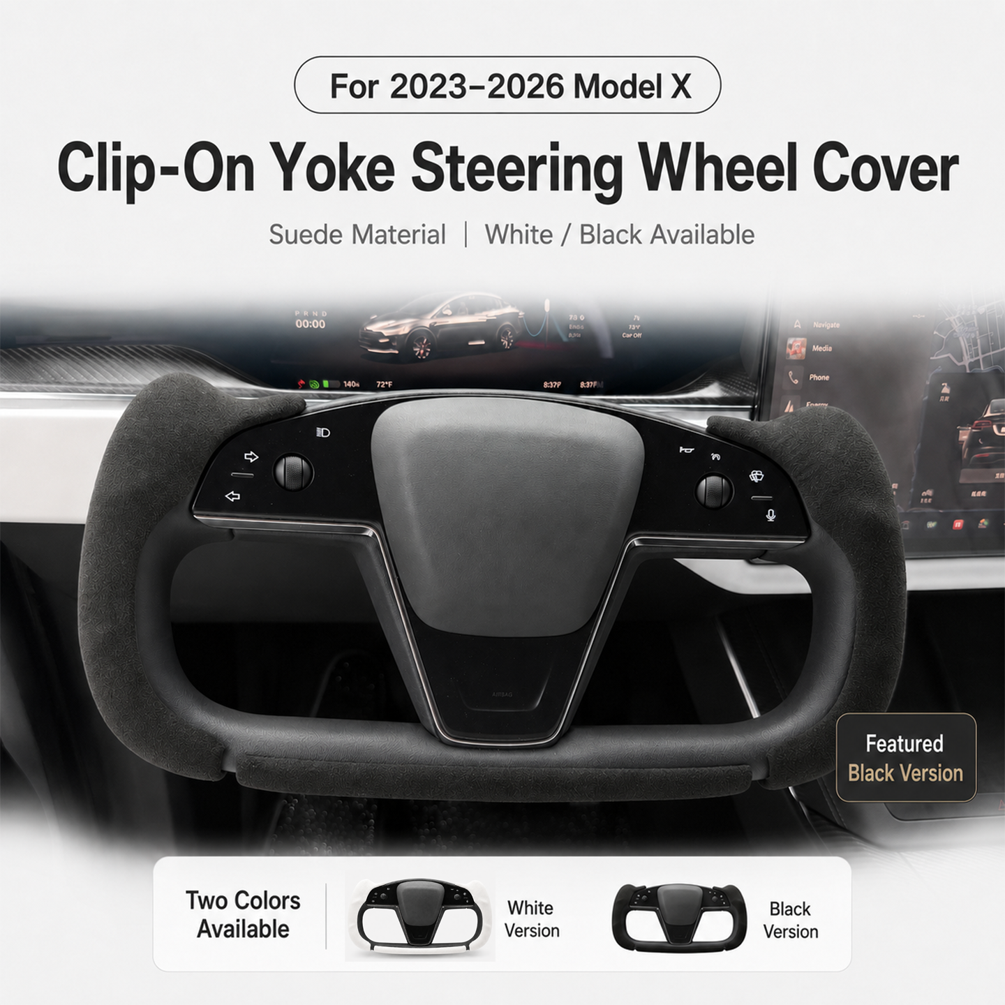 Black suede clip-on Yoke steering wheel cover installed in a Tesla Model X cabin