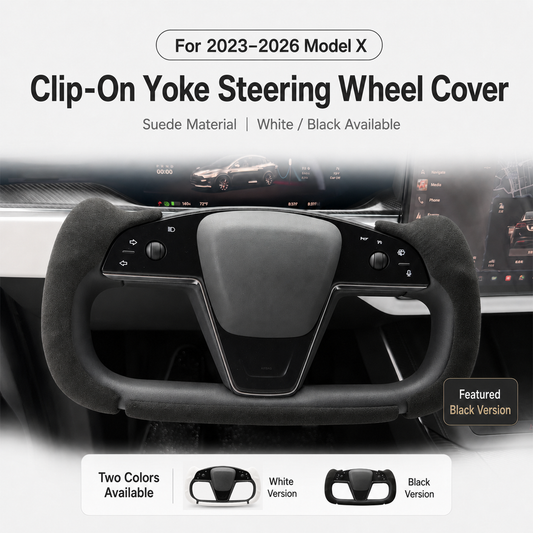 Black suede clip-on Yoke steering wheel cover installed in a Tesla Model X cabin