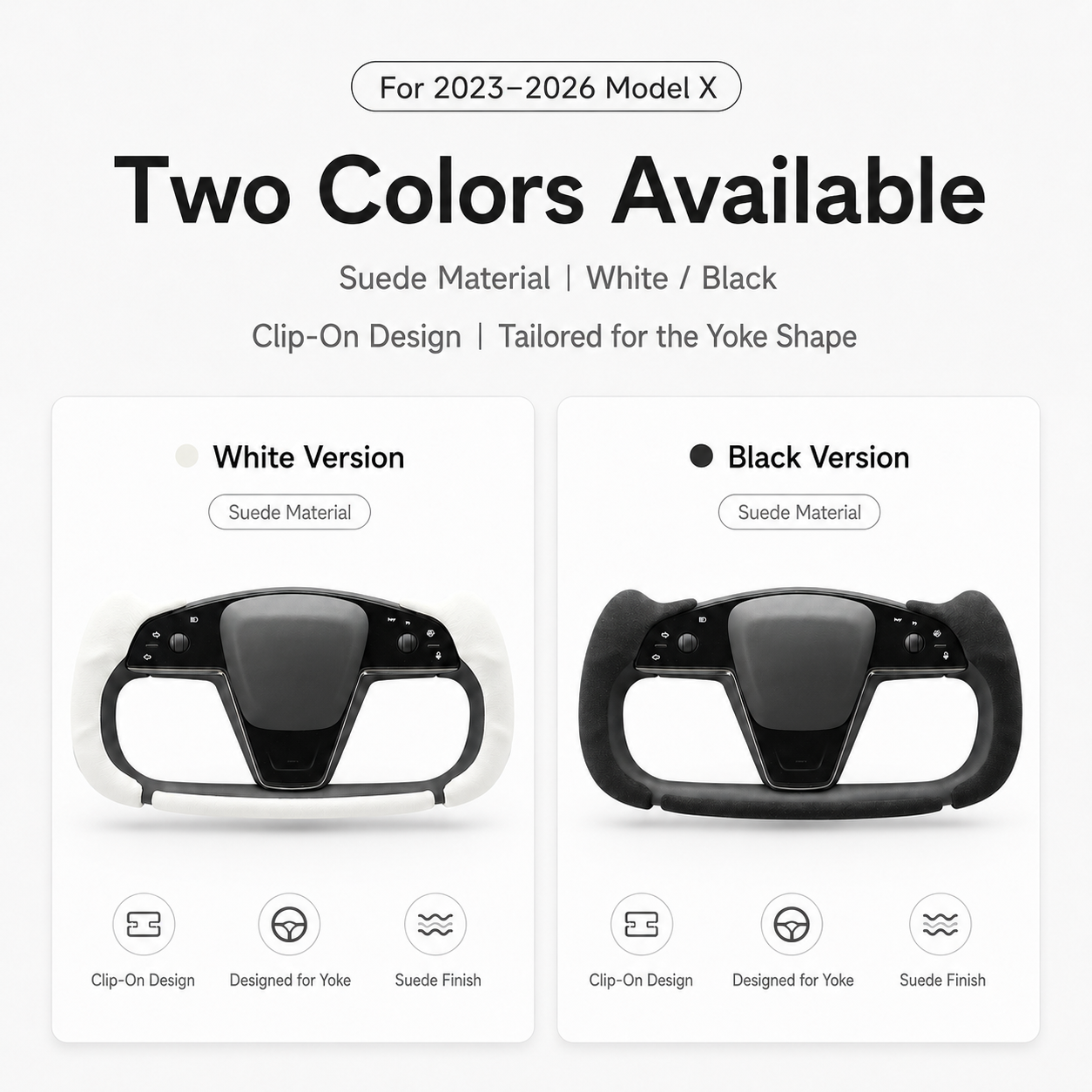 Black and white suede clip-on Yoke steering wheel cover color options for Tesla Model X
