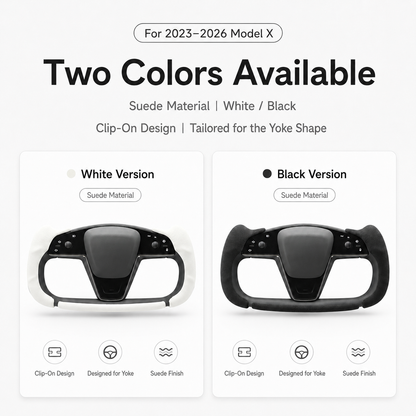 Black and white suede clip-on Yoke steering wheel cover color options for Tesla Model X