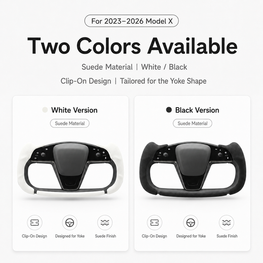 Black and white suede clip-on Yoke steering wheel cover color options for Tesla Model X