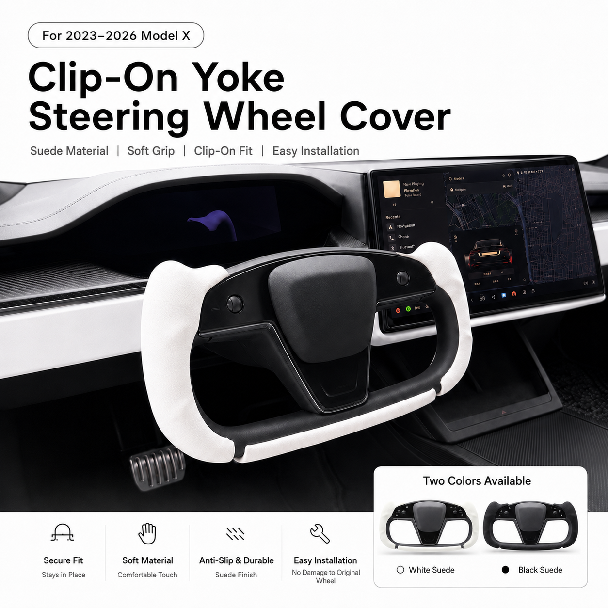 White suede clip-on Yoke steering wheel cover installed in a Tesla Model X cabin