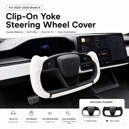 White suede clip-on Yoke steering wheel cover installed in a Tesla Model X cabin
